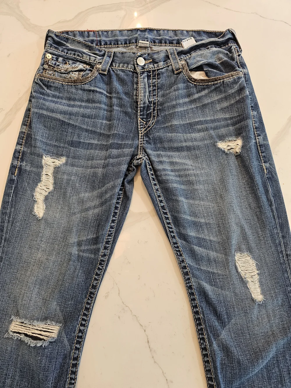 True Religion Men's Distressed Blue Slim Straight Jeans 36 Waist 32-34 Length